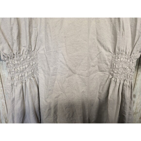 T Tahari Linen Blend Midi Dress Flutter Sleeve Khaki Button Up Shirred Waist 12 - Picture 7 of 15